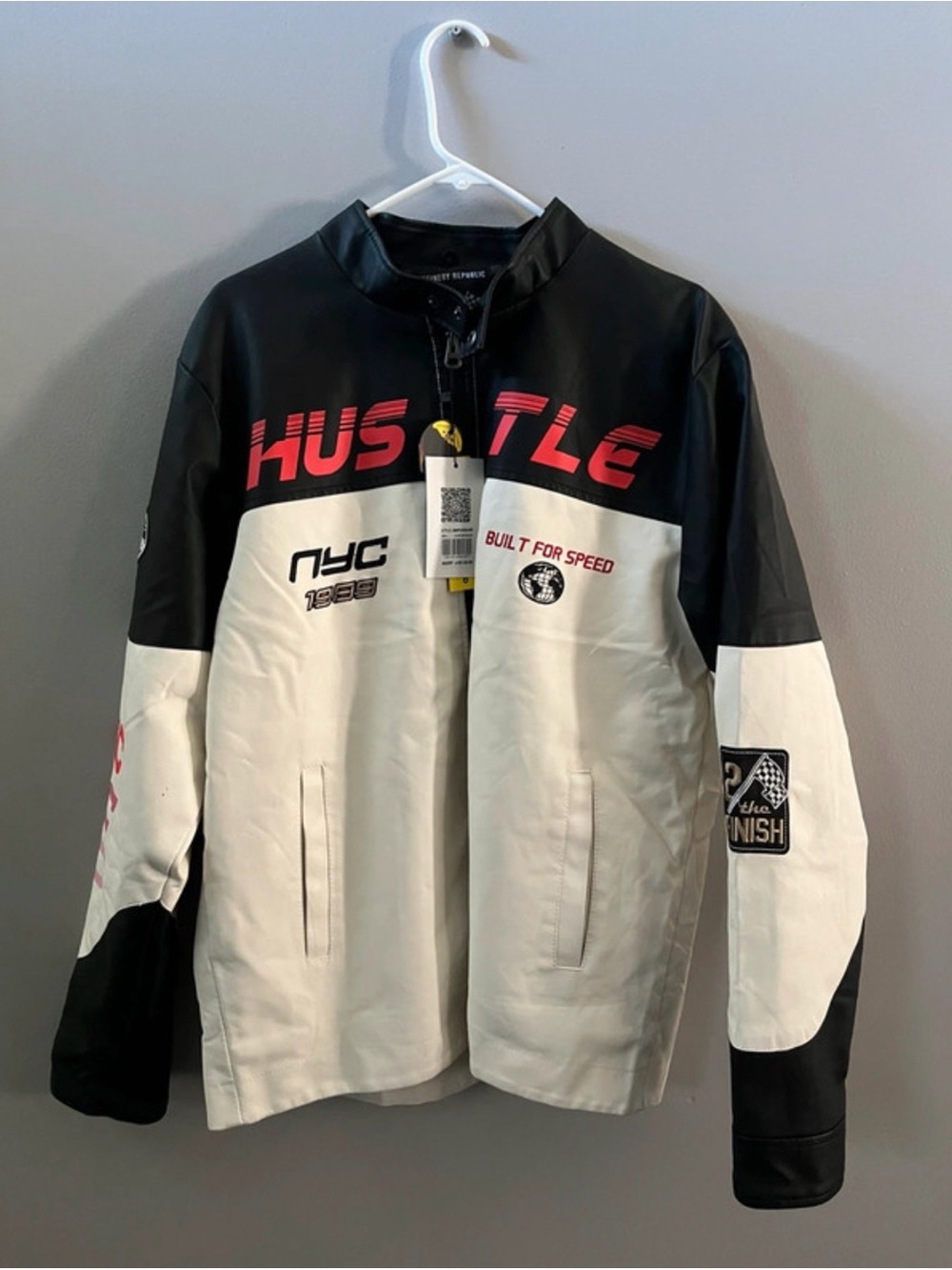 Hustle Racing Colorblock Performance Jacket - Black & White with Red Accents